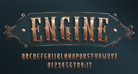 Engine alphabet font. Riveted letters and numbers in steampunk style. Stock vector typescript for your design.