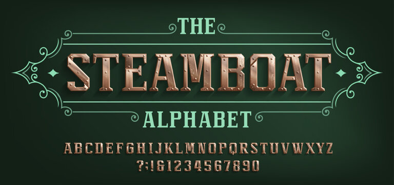 The Steamboat alphabet font. Riveted letters and numbers in steampunk style. Stock vector typescript for your design.