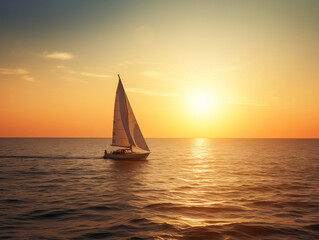 Fototapeta na wymiar Boat on the ocean sailing into sunset