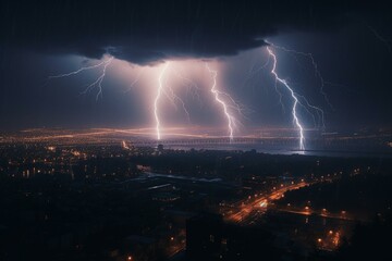 Naklejka na ściany i meble A zigzag electric discharge in the atmosphere during thunderstorms. Generative AI
