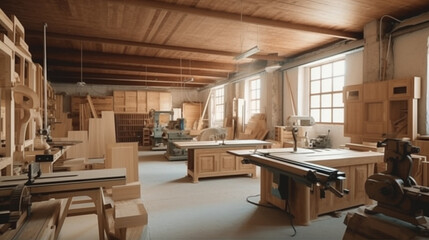 Modern wood workshop with different machinery