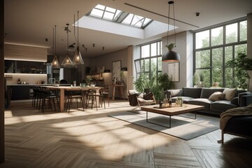 Fototapeta na wymiar Nordic style living room with high ceiling and open-plan kitchen. Generative AI