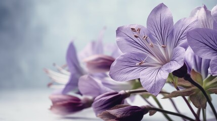 Close-up von schönen lilafarbigen Freesien Blüten auf helllila Hintergrund, Generative AI