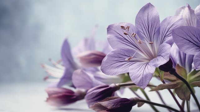 Close-up von sch&ouml;nen lilafarbigen Freesien Bl&uuml;ten auf helllila Hintergrund, Generative AI