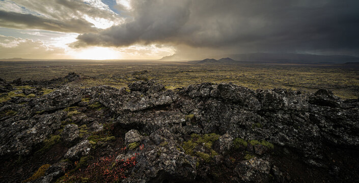 dramatic Eldborg volcano crater view on iceland