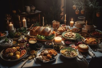 Fototapeta na wymiar A festive meal shared with family and friends to celebrate Christmas. Generative AI