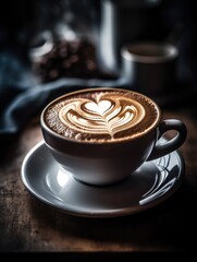 A close-up of a heart-shaped latte art on a steaming cappuccino, generative AI