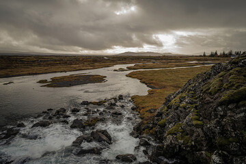iceland view from waterfall of continental rift