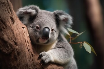 Sleepy Koala bear resting on a small tree branch - Generative ai