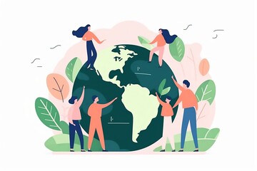 Flat Vector Illustration: Eco-Friendly People Saving the Planet - Generative ai
