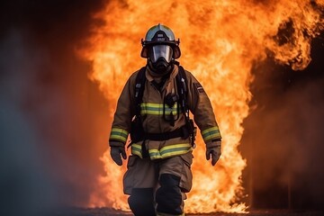 Through the Flames: Full Shot of Fearless Firefighter - Generative ai