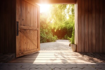 Door open to outside with fresh garden, Generative Ai