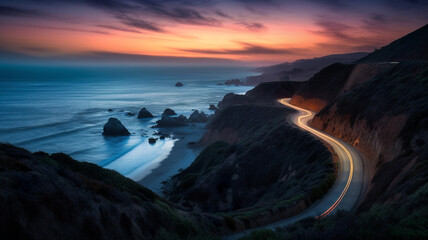 A mesmerizing, panoramic photograph of the legendary California Route 1, also known as the Pacific Coast Highway, Generative AI
