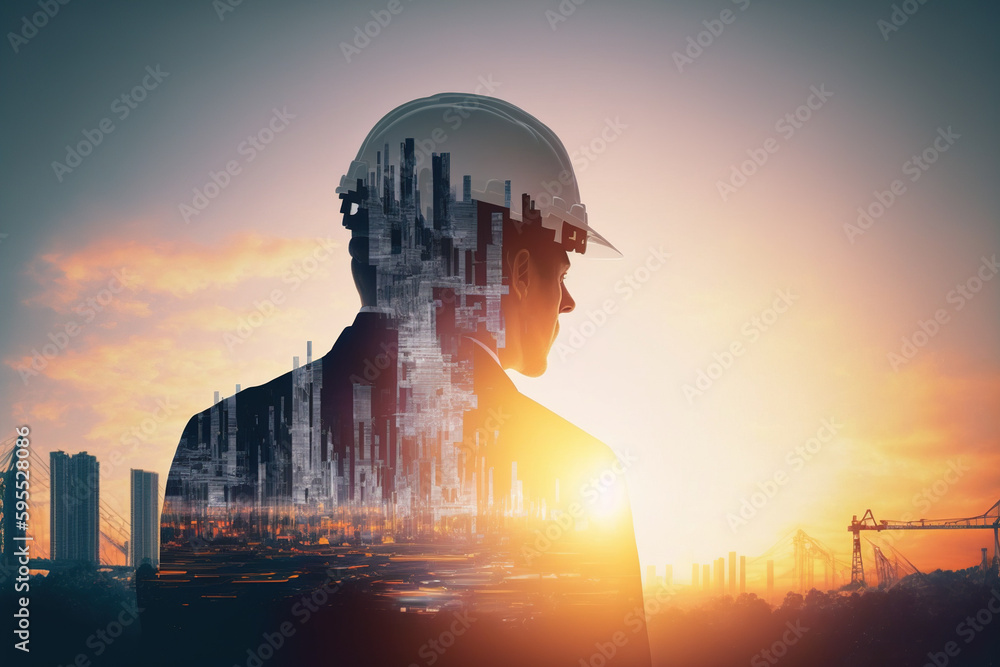 Poster civil engineer portrait as concept for building construct by professional with hardhat helmet engine