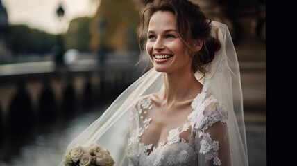 Naklejka premium Portrait of a happy smiling bride, Generative AI