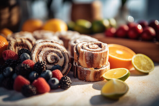 Delicious cinnamon rolls with sugar on top on a black table with berries and lime. High quality photo