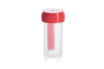 Disposable container for taking biomaterial, closed container for urine and stool samples, medical laboratory equipment, transparent sterile medical container for stool and urine analysis, red lid