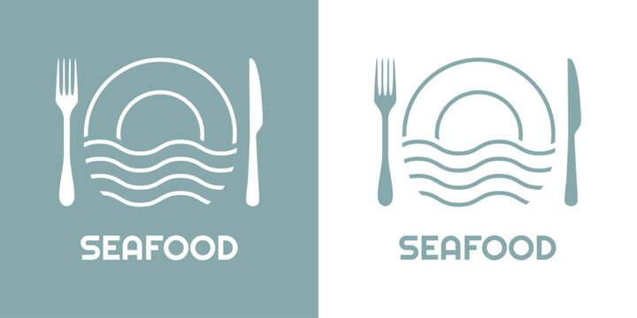 Logo restaurante con texto Seafood con plato lineal con olas de mar y cubiertos