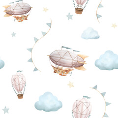 Watercolor seamless pattern with illustration of flying vehicles and travel attributes. Airship, retro plane, hot air balloon, flags, clouds, flags, stars