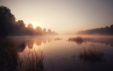 Fototapeta na wymiar Sunrise over a misty lake, created with generative AI technology