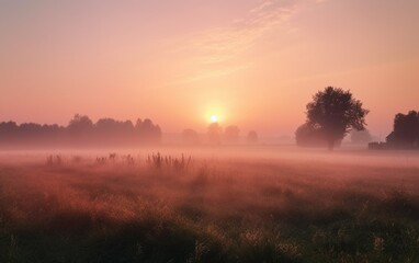 Sunrise over a spring meadow in the countryside, created with generative AI technology