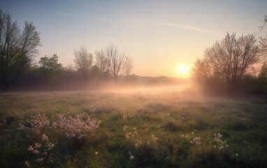 Fototapeta na wymiar Sunrise over a spring meadow in the countryside, created with generative AI technology