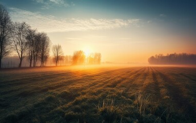 Naklejka na ściany i meble Sunrise over a field in the countryside, created with generative AI technology