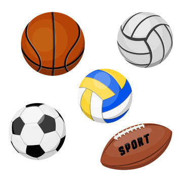 Vector illustration of a set of sports balls on a spruce background. Volleyball. Football. American football ball. Basketball. Image for the concept of a healthy lifestyle, sports.