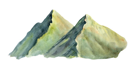 Watercolor illustration of picturesque green mountains isolated