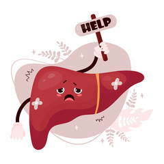 Unhappy sad cartoon liver. Cute character human organ is sick, suffering and asking for help. Vector illustration in flat cartoon style for design and decoration medical themes.