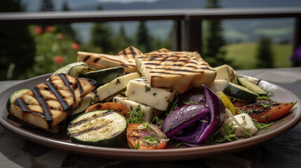 A grilled vegetable and halloumi cheese platter, featuring charred zucchini, eggplant, and red onions, with slices of halloumi cheese