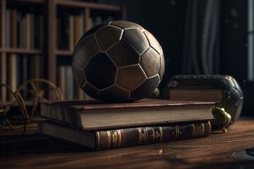 Soccer ball on top of books, rendered in 3D. Generative AI