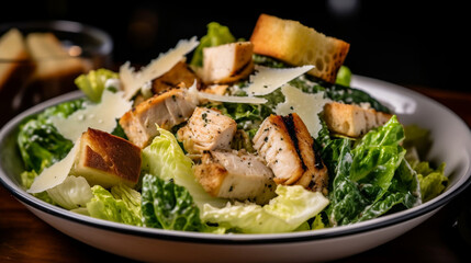 A grilled chicken Caesar salad, featuring grilled chicken, romaine lettuce, and croutons, tossed with a creamy Caesar dressing