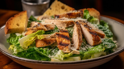 A grilled chicken Caesar salad, featuring grilled chicken, romaine lettuce, and croutons, tossed with a creamy Caesar dressing