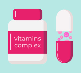 Original illustration of vitamins in a jar. Concept design for healthcare and medicine. A set of vitamins. Tablets, capsules calcium, pills, medicines. Illustration for hospitals, pharmacies, banners