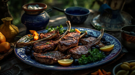 Fototapeta na wymiar A grilled lamb chops platter, featuring tender and juicy chops served with a side of mint yogurt sauce and grilled vegetables