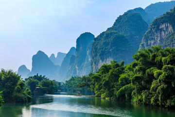 Landscape of Guilin, Li River and Karst mountains. Located near Yangshuo, Guilin, Guangxi, China.