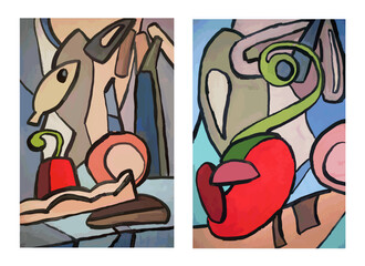 Abstract art. Still life paintings set. Two paintings. Collection. Bright colors. Mosaic art.