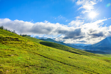 Fototapeta na wymiar Green mountain and sky clouds natural landscape in Xinjiang, China.