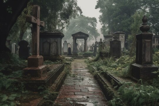 Old cemetery and ruins in rainy weather. Generative AI