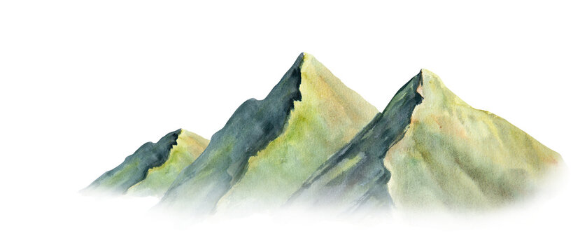 Watercolor illustration of picturesque green mountains isolated, banner
