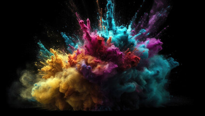 Fototapeta na wymiar Explosion of colorful powder on black background. Colored dust as a festive background. Abstract colorful explosion. Generative AI
