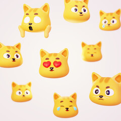 Cute cartoon orange cat head emoji emoticon funny icon set isolated on bright background. various emotions. 3d render