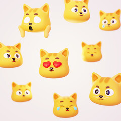 Fototapeta premium Cute cartoon orange cat head emoji emoticon funny icon set isolated on bright background. various emotions. 3d render