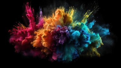 Explosion of colorful powder on black background. Colored dust as a festive background. Abstract colorful explosion.