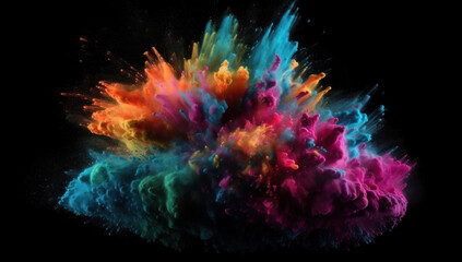 Explosion of colorful powder on black background. Colored dust as a festive background. Abstract colorful explosion.