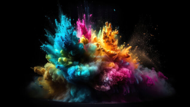 Explosion of colorful powder on black background. Colored dust as a festive background. Abstract colorful explosion. Generative AI