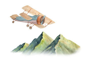 Watercolor illustration of picturesque green mountains and vintage plane isolated © dakora