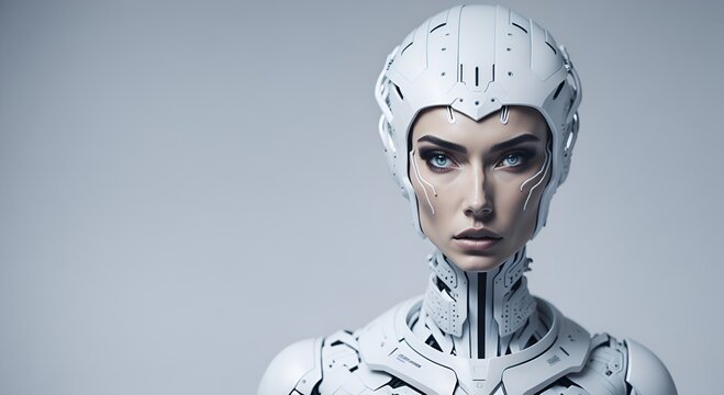Inteligencia artificial futurista de mujer robot con forma humanoide en un fondo blanco