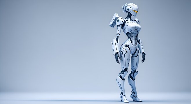 Inteligencia artificial futurista de mujer robot con forma humanoide en un fondo blanco